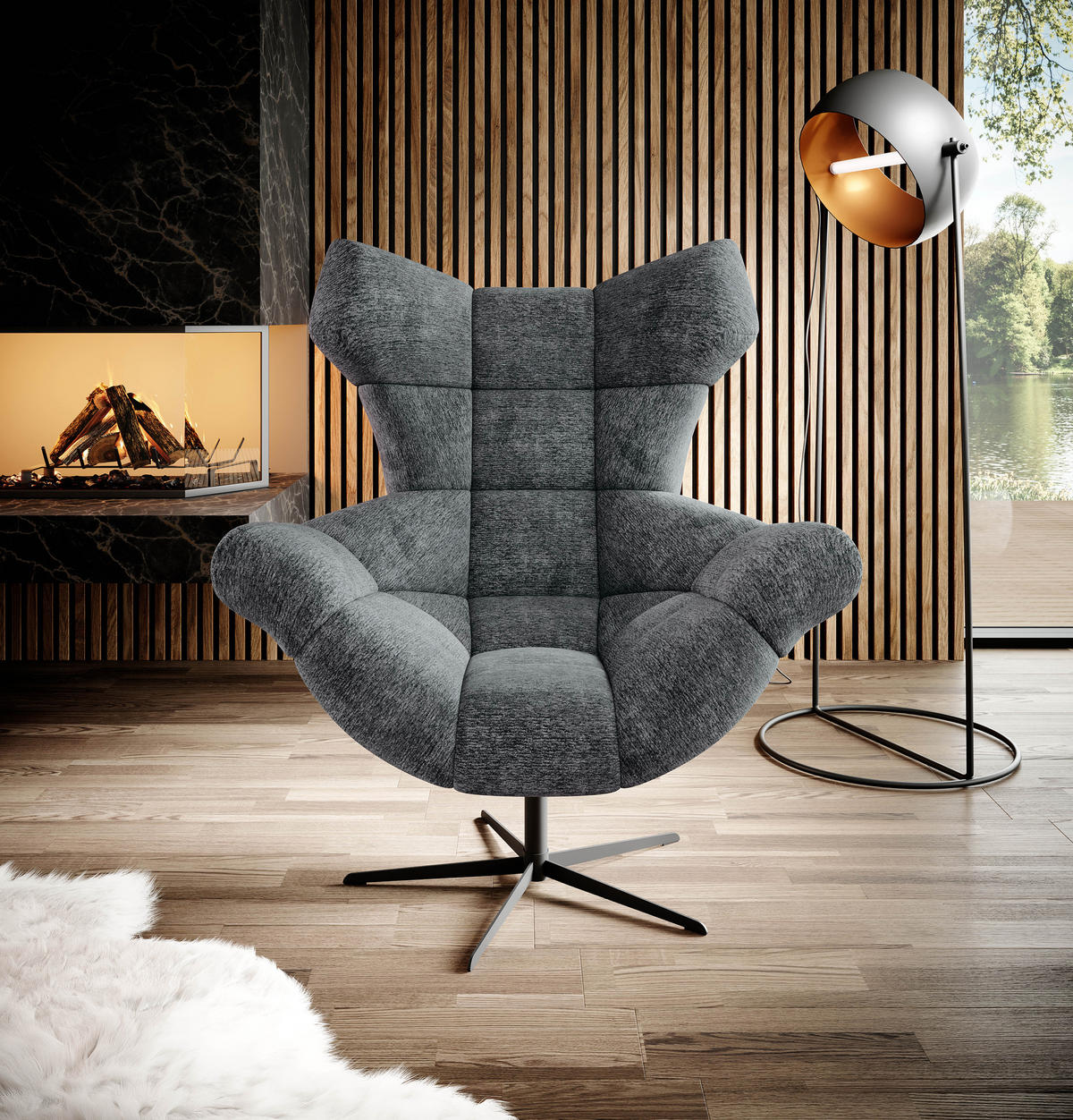SESSEL SENSI Relaxstuhl mit 360° Drehung und Schwingfunktion – Lux-Schaumkissen, Dunkelgrau, 104x46x119 cm - Anthrazit/Schwarz, Holz/Textil (104/119/84cm) - DomoHome
