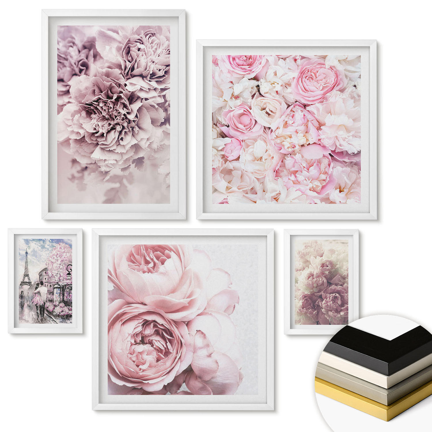 WANDBILDER 5er-Set - 50x50 cm & 20x30 cm & 40x60 cm Weißer Rahmen - Rosa Blumen, romantische Landschaft - Weiß, Kunststoff (40/60cm) - ArtPrintCave