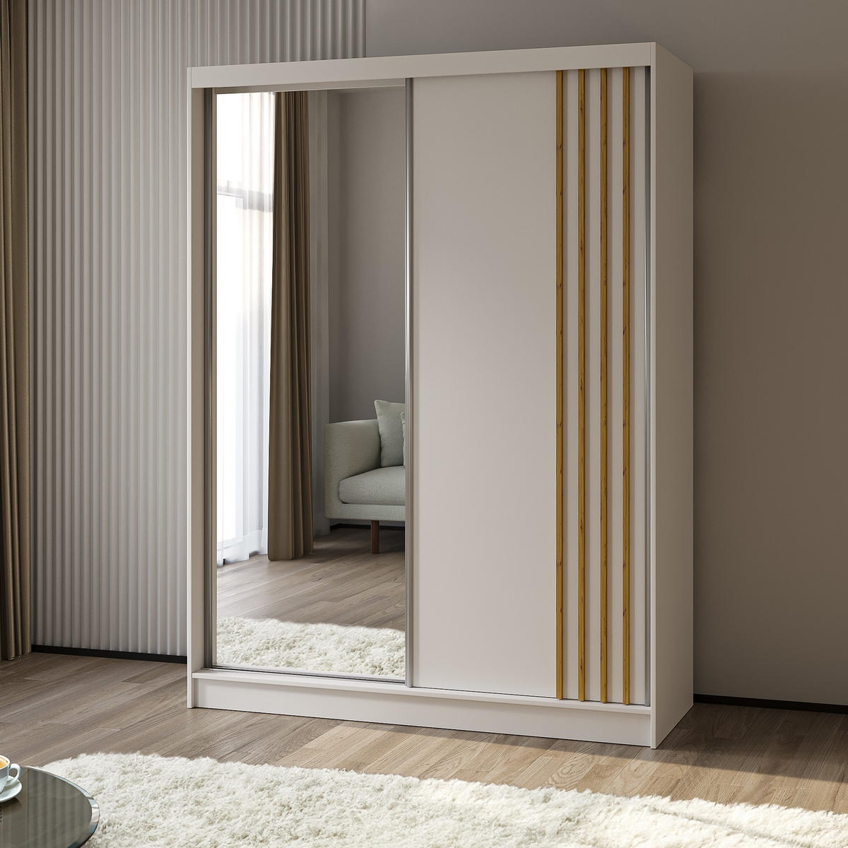 SCHWEBETÜRENSCHRANK NELVIA 160/216/61 cm 2-türig mit Spiegel Weiß - Weiß, Holzwerkstoff (160/216/61cm) - MASSENO