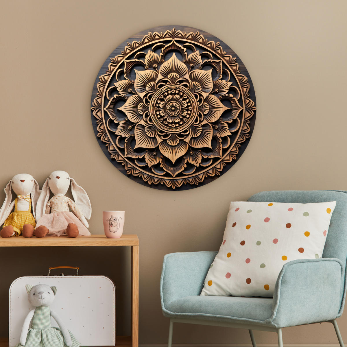 WANDBILD Mandala - Holz - Blumen - Braun 60x60 cm - Gelb, Kunststoff (60/60cm) - MuchoWow