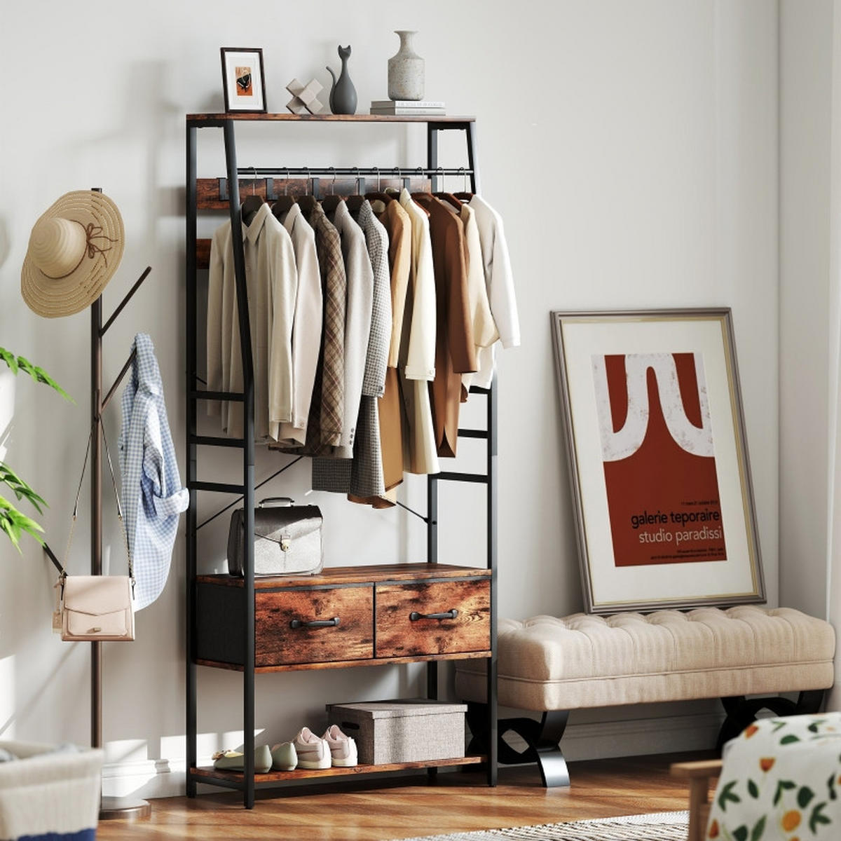 STANDGARDEROBE 80/30/180 cm mit 10 Haken, Schuhablage und Sitzbank - Braun, Holz (80/180/30cm) - BEAOK