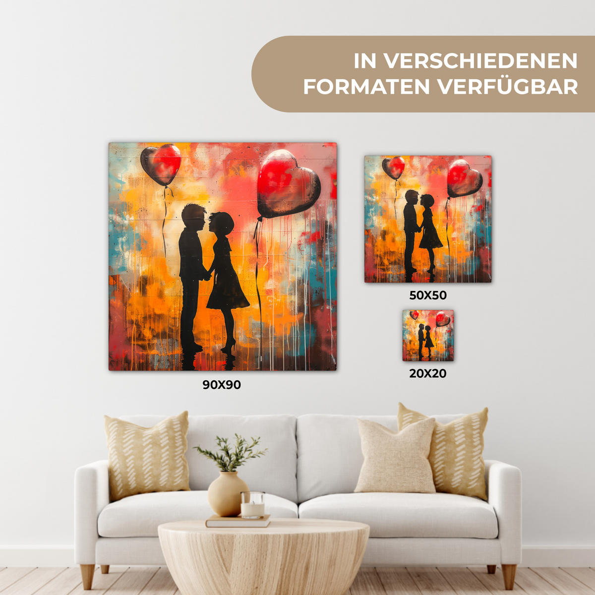 LEINWANDBILD Straßenkunst - Liebe - Graffiti - Kunst - Banksy 90x90 cm - Orange, Textil (90/90cm) - MuchoWow