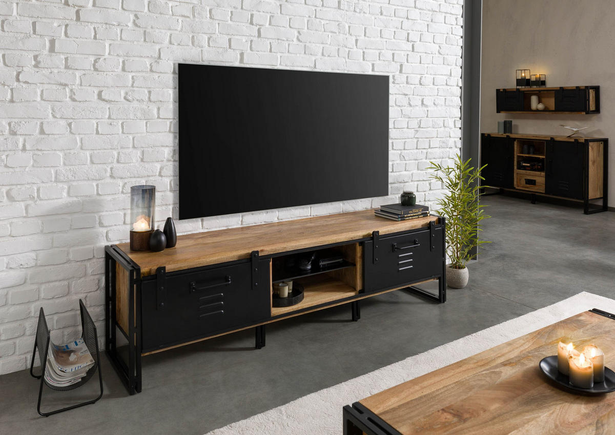 TV-BOARD Mango 200x45x55 natur klar lackiert / Metall schwarz BLACKBURN #101 - Naturfarben, Holz (45/55/200cm) - Massivmoebel24
