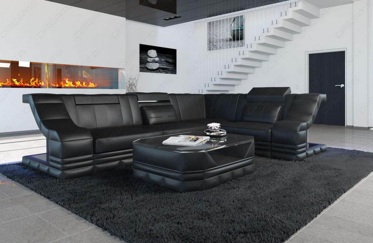 COUCH Bianchi Schwarz Büffelleder - Schwarz, Leder (271/196cm)
