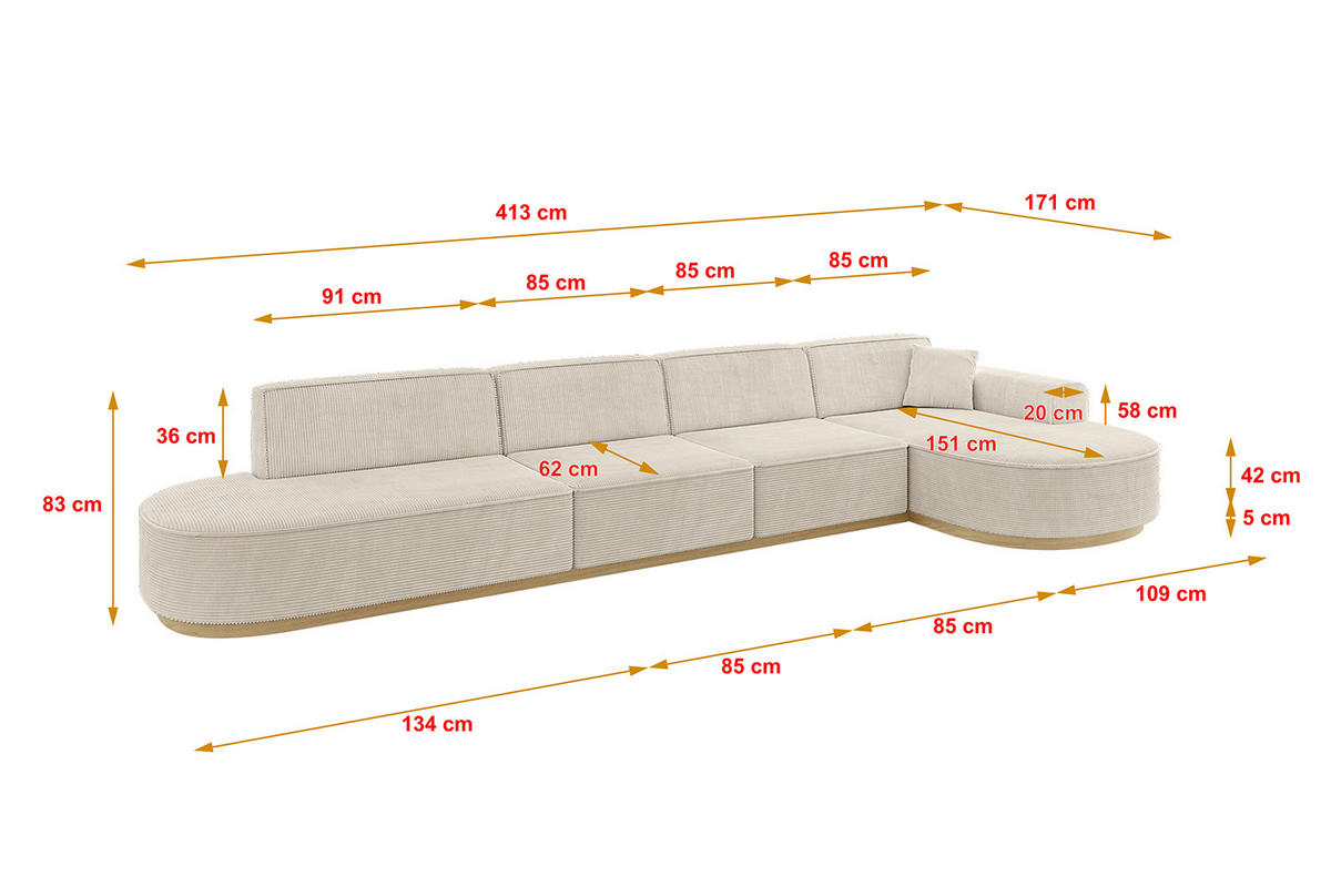 ECKSOFA Ottomane Rechts MARI-L3-v2 - 413x171x83 cm Beige Cord - Beige, Holzwerkstoff/Textil (171/413cm) - ALTDECOR