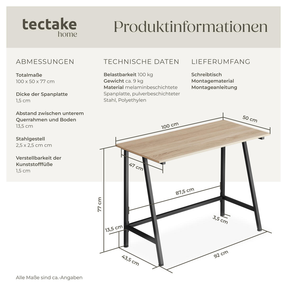 SCHREIBTISCH Newton,100 x 50 x 77 cm,Industrial Holz hell, Eiche Sonoma - Naturfarben, Holzwerkstoff (100/50/77cm) - tectake