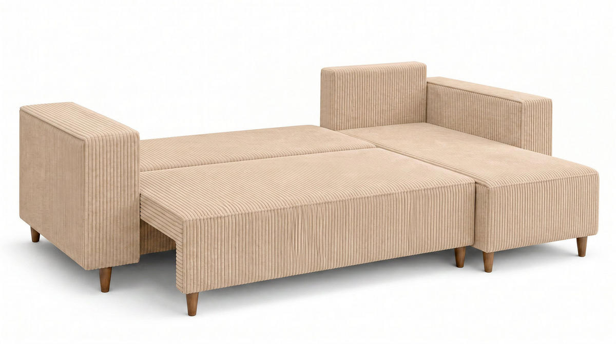 ECKSOFA mit Schlaffunktion und Bettkasten Rio, Ecksofa Cordstoff Creme, Ottomane Universal, 249x142 cm - Creme, Textil (249/142cm) - Marpur