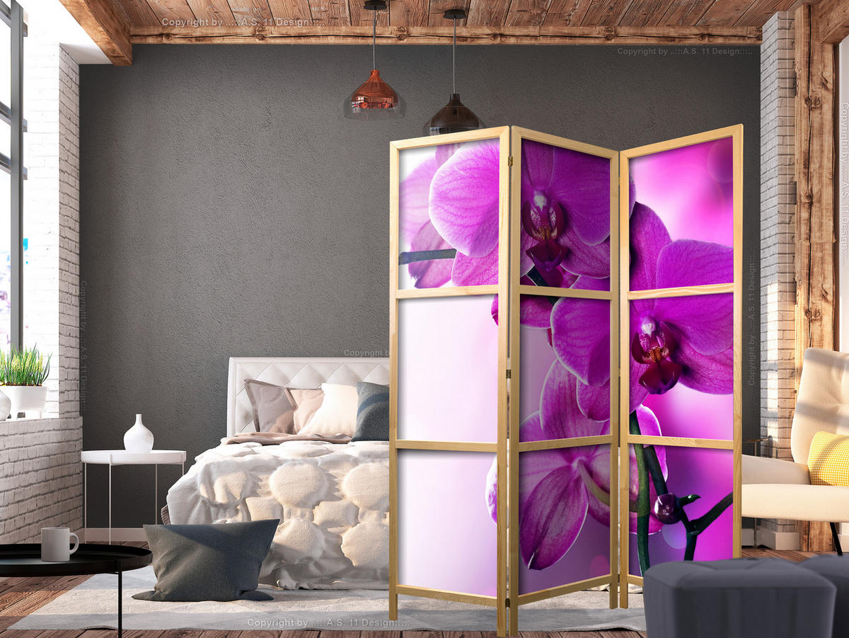 PARAVENT Japanischer 3-tlg 135x172 cm Orchideen - Rosa, Holz/Textil (135/172/3cm) - Muralo