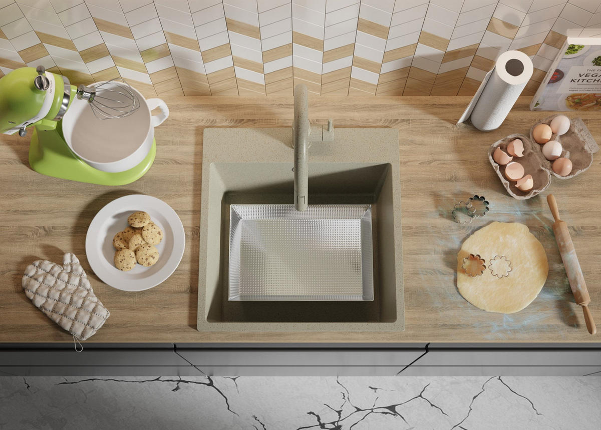 SPÜLBECKEN Riga, 2-er set Beige 48/50 cm 1 Becken + Ablauf-Set ab 50er Unterschrank - Chromfarben/Beige, Kunststoff (48/20/50cm) - Primagran