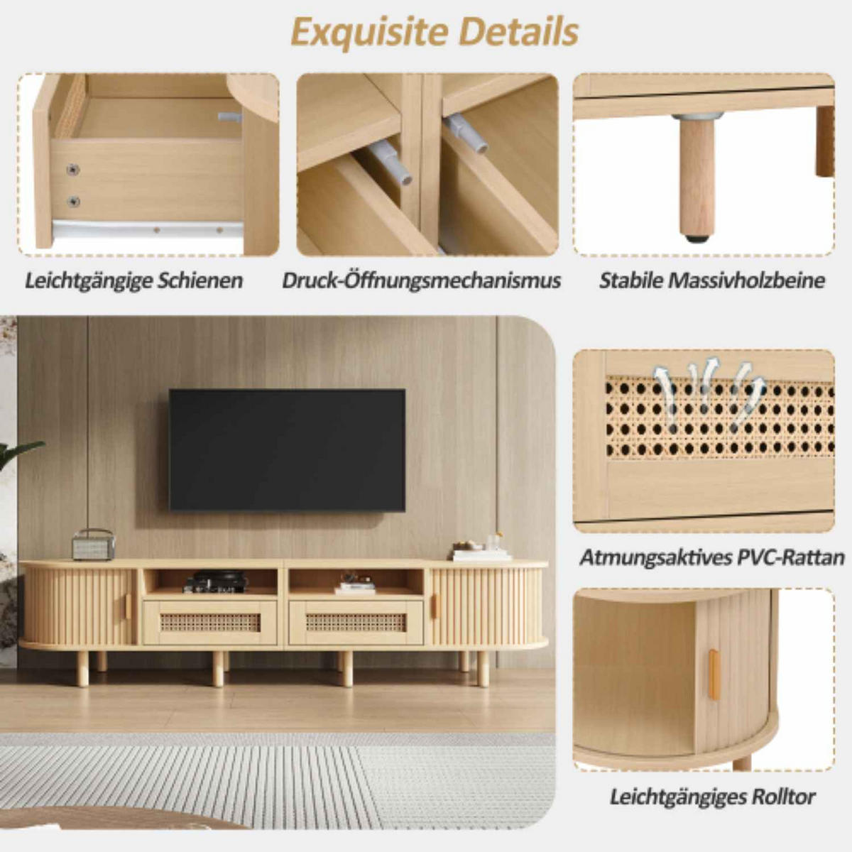 TV stolek 170/40/40 cm světle dubový z MDF s ratanovými zásuvkami a posuvnými dvířky - přírodní, kompozitní dřevo (170/40/40cm) - OKWISH