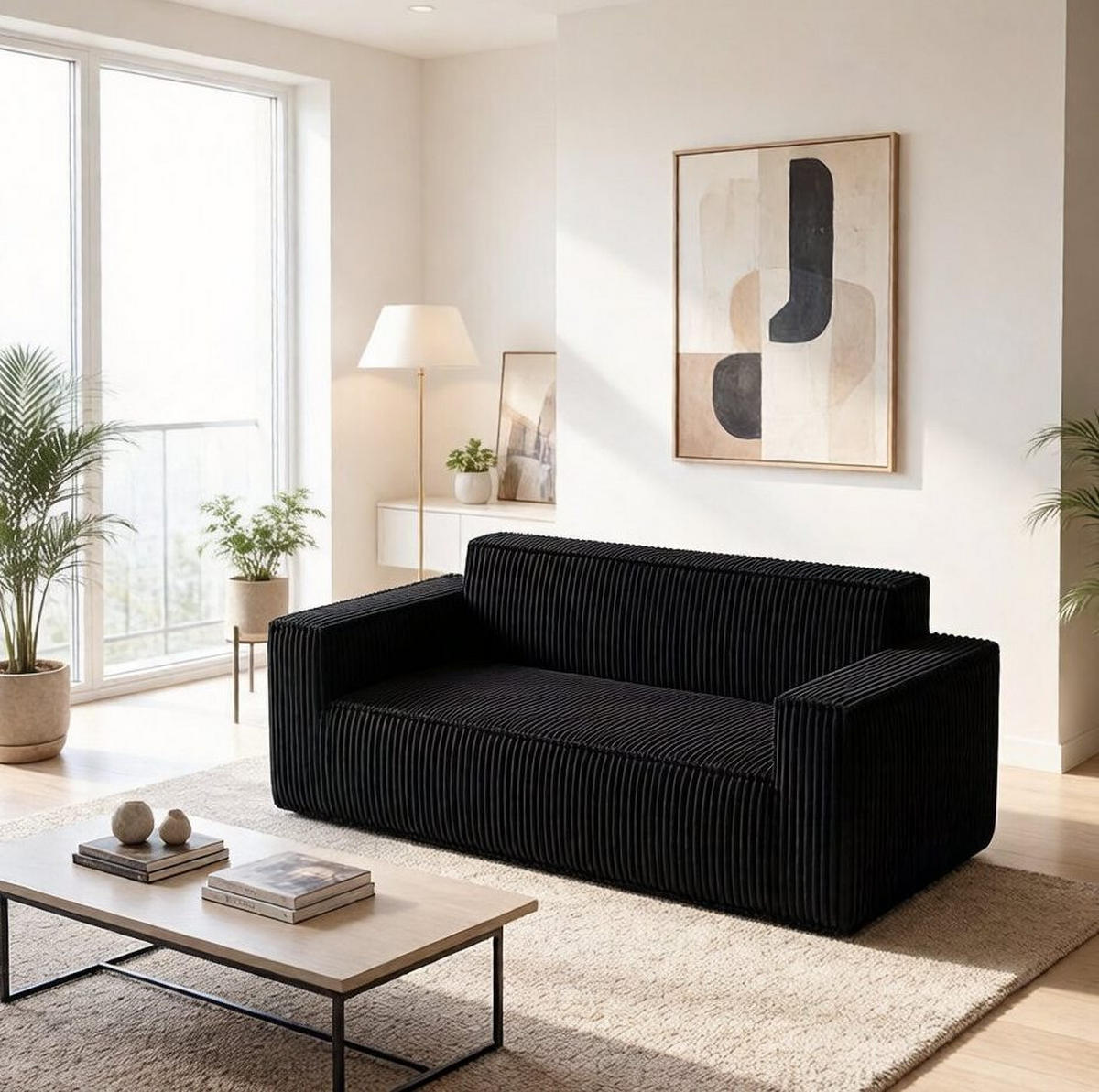 SOFA 2-Sitzer aus Cord mit tiefem Sitz Schwarz - Schwarz, Kunststoff (178/70/86cm) - Meubliv