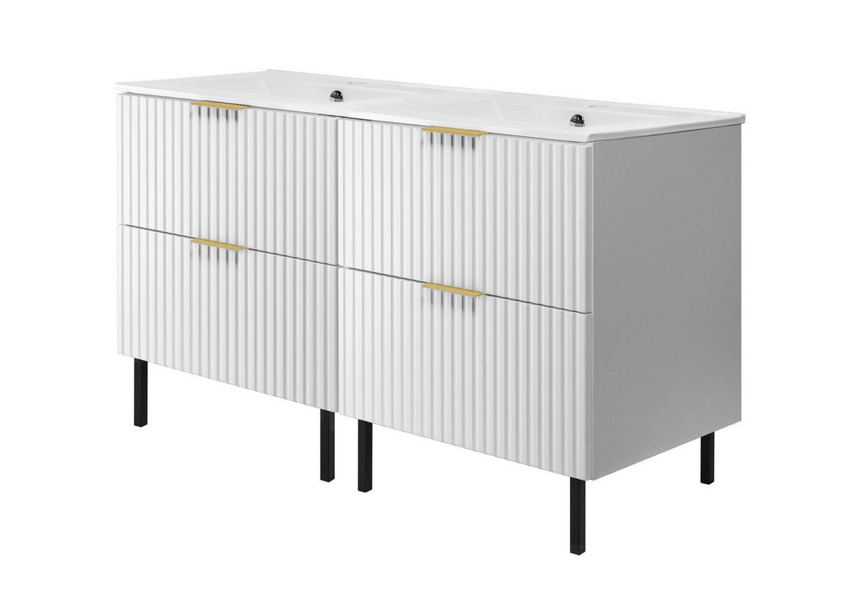 WASCHBECKUNTERSCHRANK, Weiß, 120 (2 x 60) x 77 x 46 cm, goldener Griff, schwarze Beine, ohne Arbeitsplatte - Goldfarben/Weiß, Holzwerkstoff (120/77/46cm) - 3XE LIVING