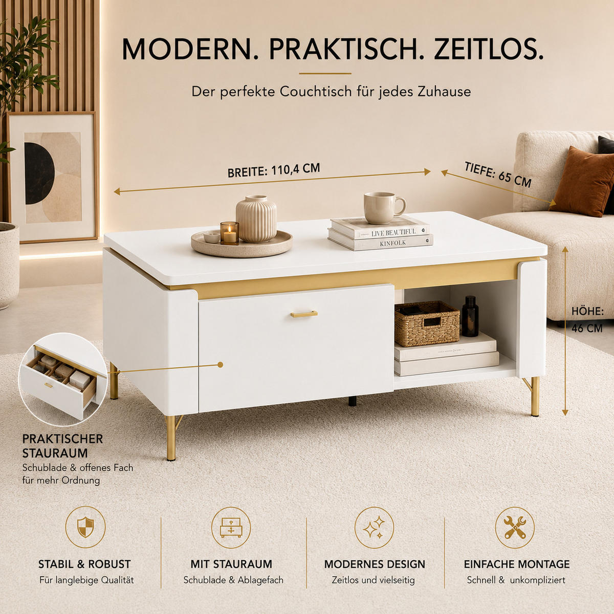 COUCHTISCH rechteckig Weiß matt - Gold mit Staufach und Ablage - Goldfarben/Weiß, Holzwerkstoff (65/110/46cm) - designimpex