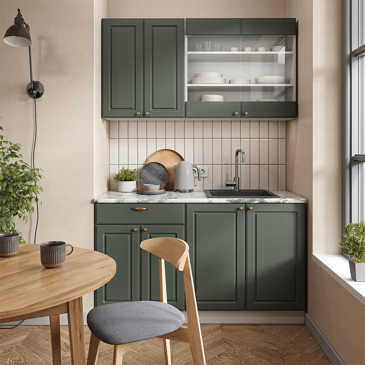 SINGLEKÜCHE Fame-Line Grün-Gold Landhaus/Weiß 140 cm, AP Anthrazit - Weiß/Grün, Holzwerkstoff (140/81.6/60cm) - Vicco
