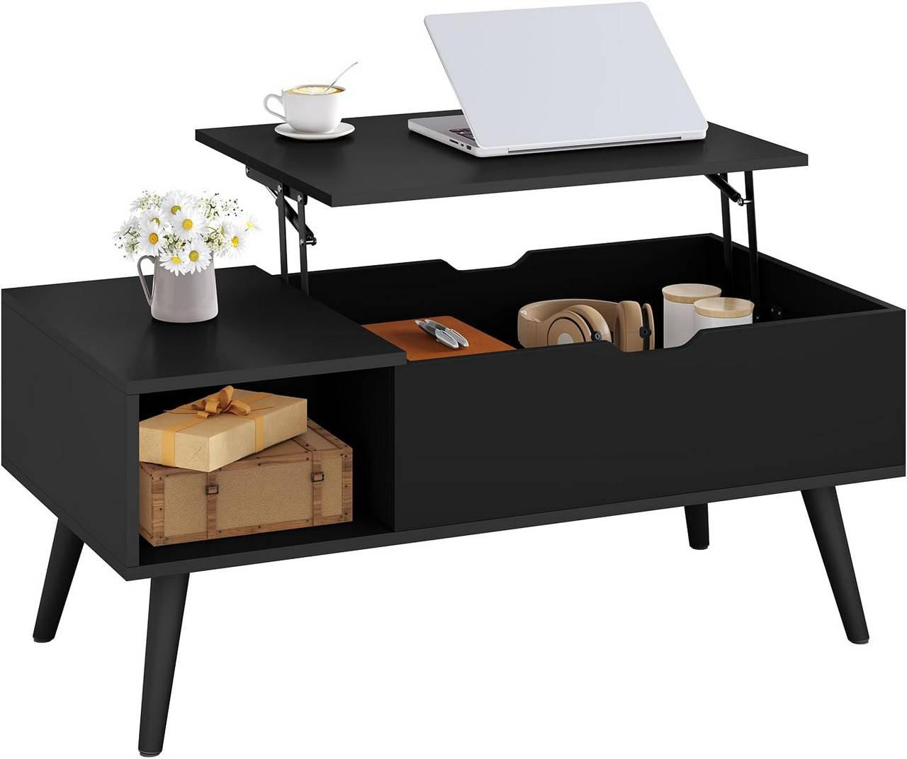 COUCHTISCH höhenverstellbar(47-53 cm), mit Stauraum, Schwarz - Schwarz, Holzwerkstoff/Metall (50/100/43cm) - Woltu