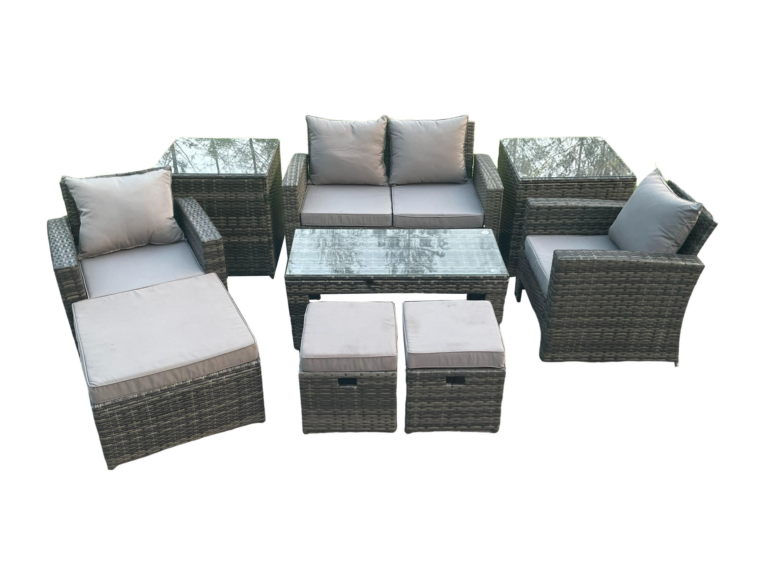 GARTEN LOUNGE-SET MIT RECHTECKIGEM COUCHTISCH STUHL 3 HOCKER Polyrattan Dunkelgrau Gemischt - Dunkelgrau, Metall - Fimous