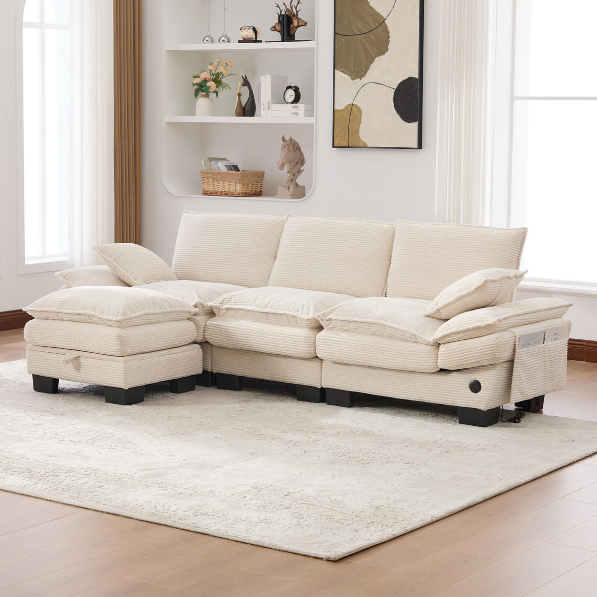 3-SITZER Sofa aus Cord 260x132x84 cm mit USB-C & Seitentaschen, beige - Beige, Textil (132/84/260cm)