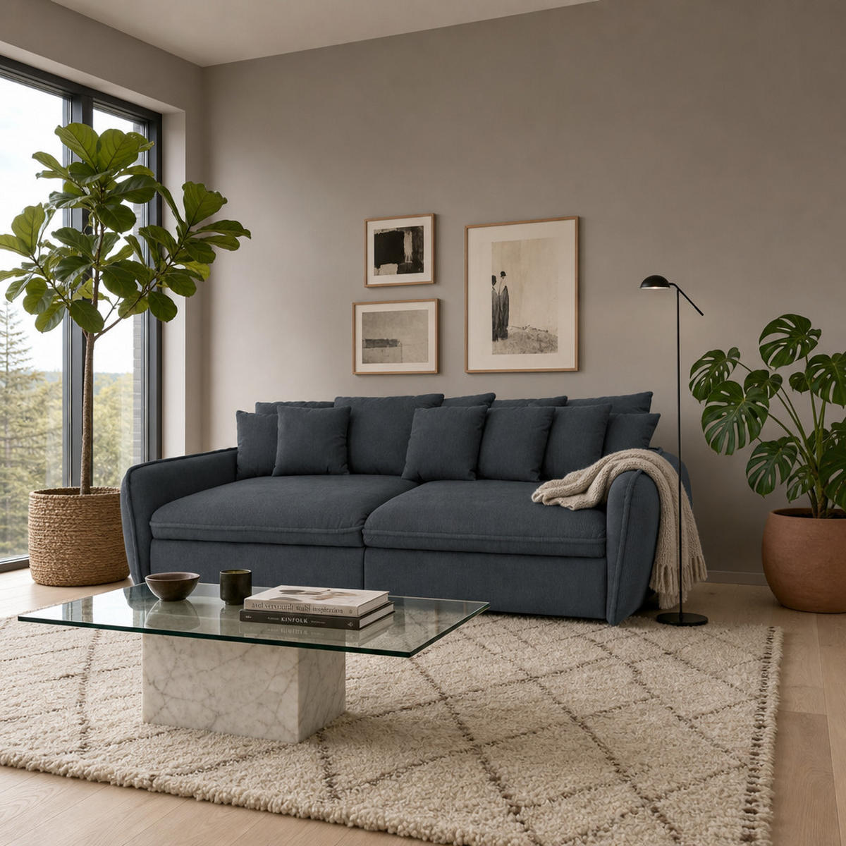 BIGSOFA Hereford Cord Dunkelblau inkl. 11 Kissen 234/131/61 cm - Dunkelblau, Kunststoff/Textil (234/61/131cm) - foamnova
