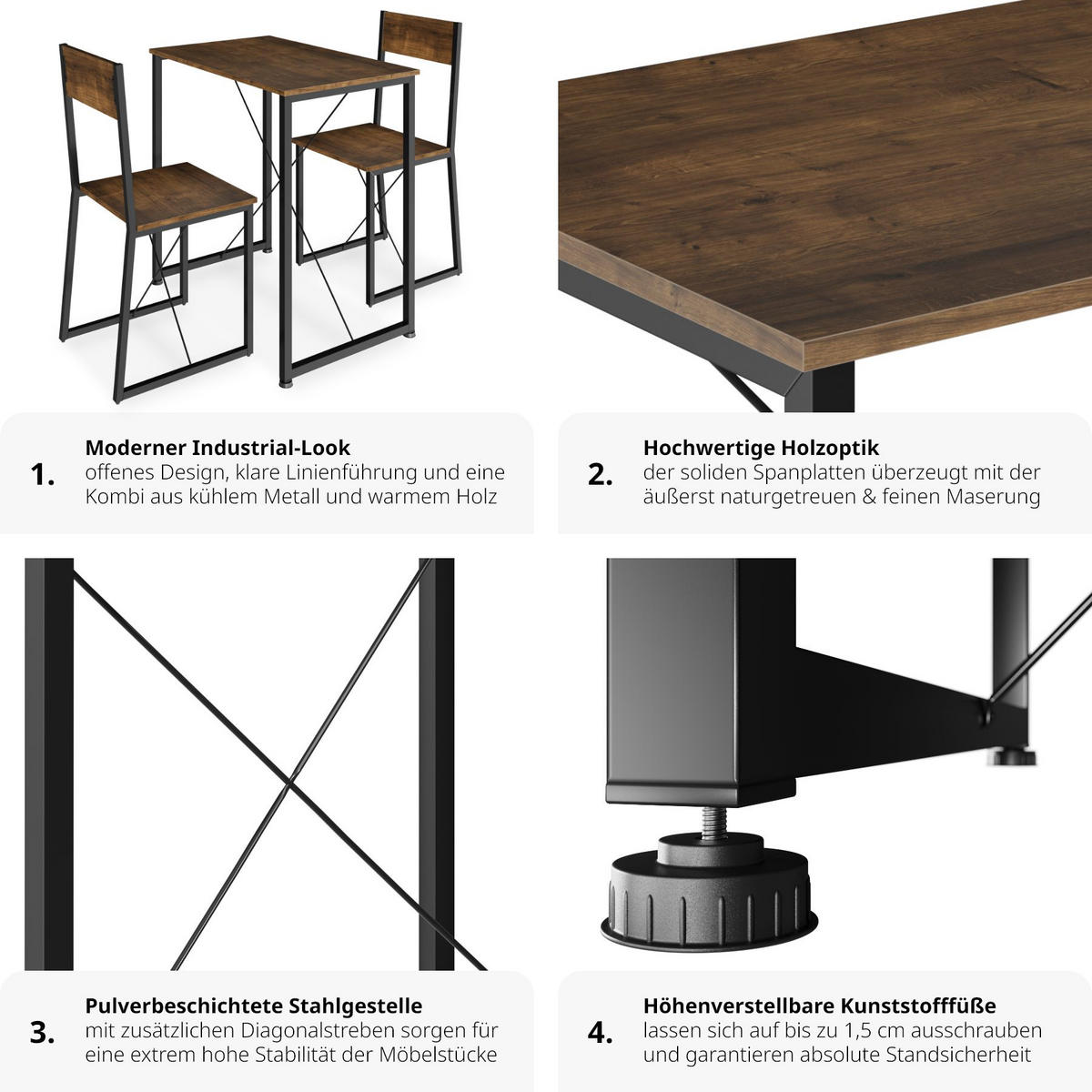 SITZGRUPPE Margate,mit höhenverstellbaren Kunststofffüßen,Industrial Holz dunkel, rustikal - Rostfarben, Holzwerkstoff (80/90/138cm) - tectake