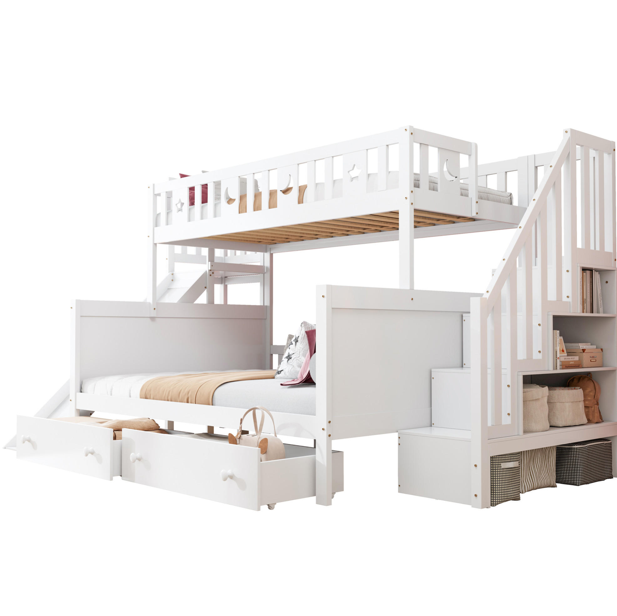ETAGENBETT 90/200-140/200 cm weiß mit Rutsche, Leiter und Stauraum - Weiß, Holz (90/140cm) - OKMYHOME