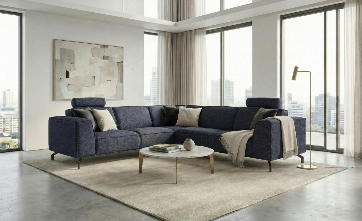 MODULARES Ecksofa Selena - Marinenblau, Verstellbare Kopfstützen und Metall Füßen - Schwarz/Dunkelblau, Kunststoff/Textil (260/260cm) - KS Home Concept
