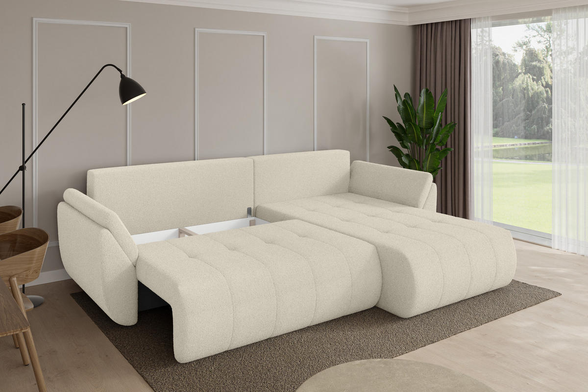 ROHOVÁ SEDAČKA s funkcí spaní, otoman vpravo TOKO-L 277x194x86 béžová bouclé - černá/písková barva, kompozitní dřevo/textil (277/194cm) - ALTDECOR