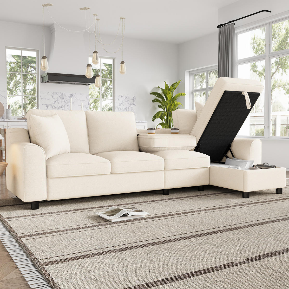 ECKSOFA 280/136/82 cm Beige mit aufklappbarem Stauraum und klappbare Rückenlehne mit Getränkehaltern - Beige, Textil (136/82/280cm) - Oxeza