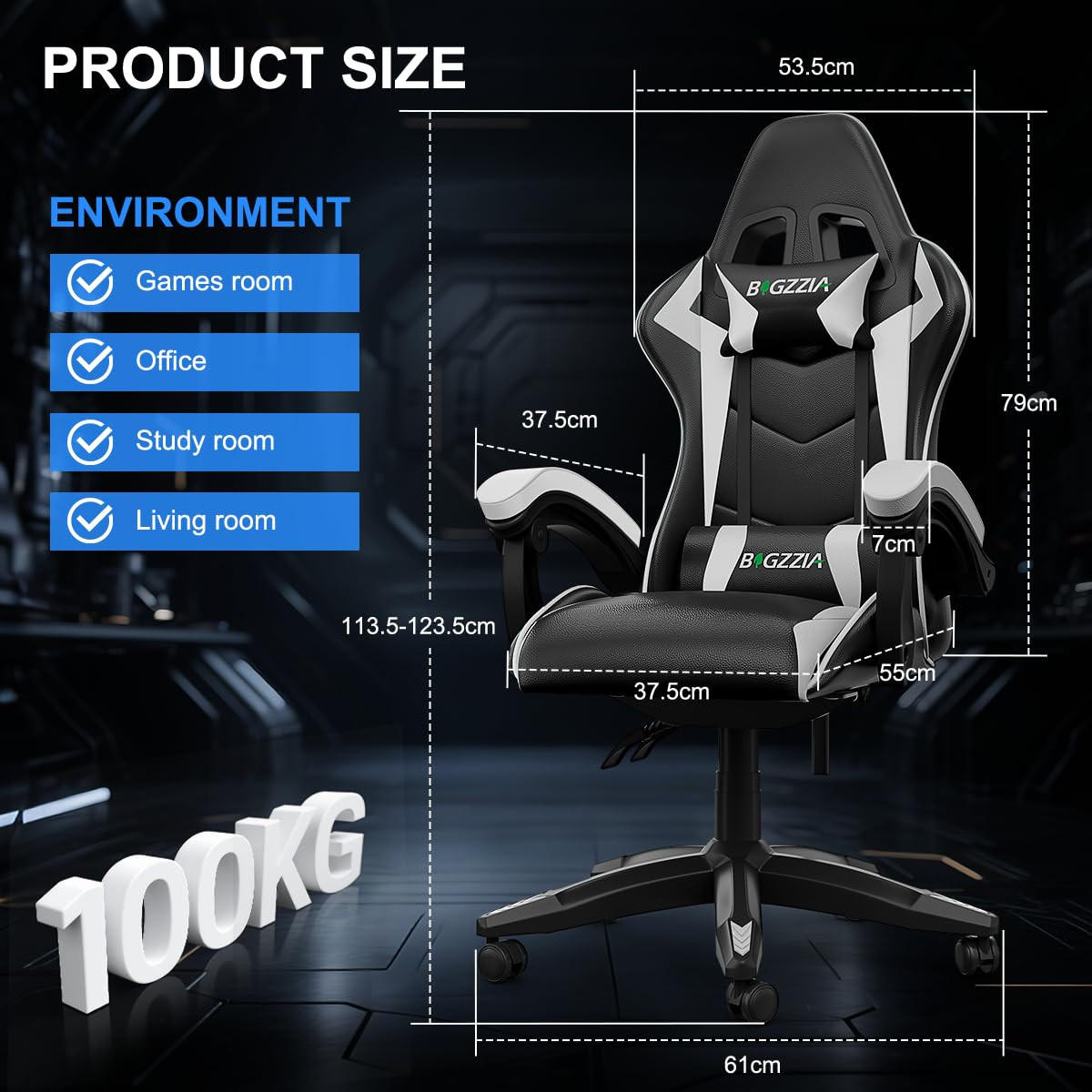GAMINGSTUHL Schwarz-Weiß mit Bluetooth Lautsprechern ergonomisch höhenverstellbar - Weiß, Metall (66/124/58cm) - Rattrix
