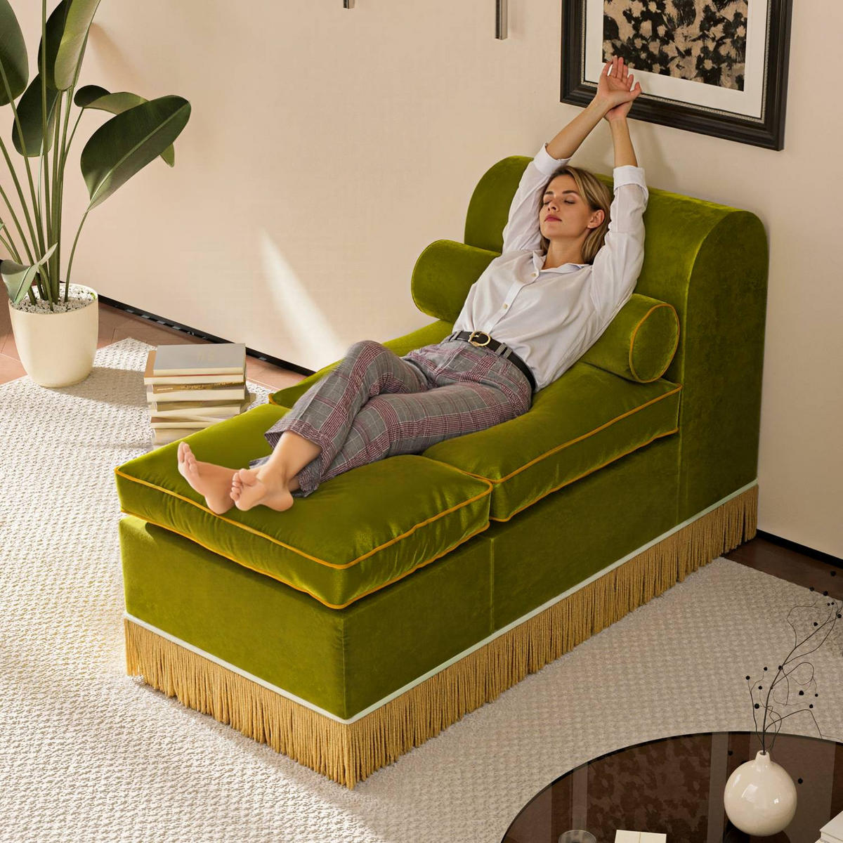 LOUNGESOFA mit Quasten Einzelsofa Luxus und Premium Samt - Olivgrün, Textil (60/80/130cm) - Vercart