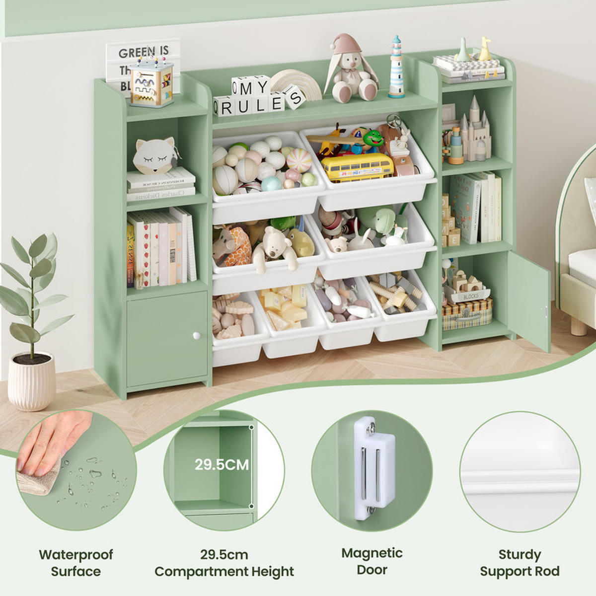 KINDERREGAL –Aufbewahrung für Spielzeug und Bücher, 138×29×94 cm, mit 8 Boxen und 9 Fächern - Weiß, Holz (29.6/94.3/138.8cm) - Kaket