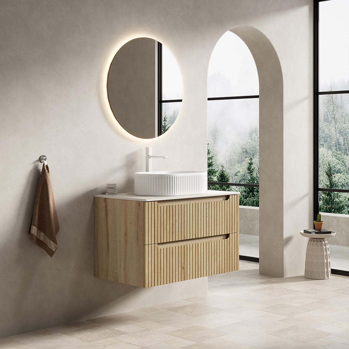 WASCHTISCHUNTERSCHRANK 80x46x62.2cm Weiß/Eiche mit ovalem Keramikbecken & 2 Schubladen - Eichefarben, Keramik (80/62.2/46cm) - Modfu