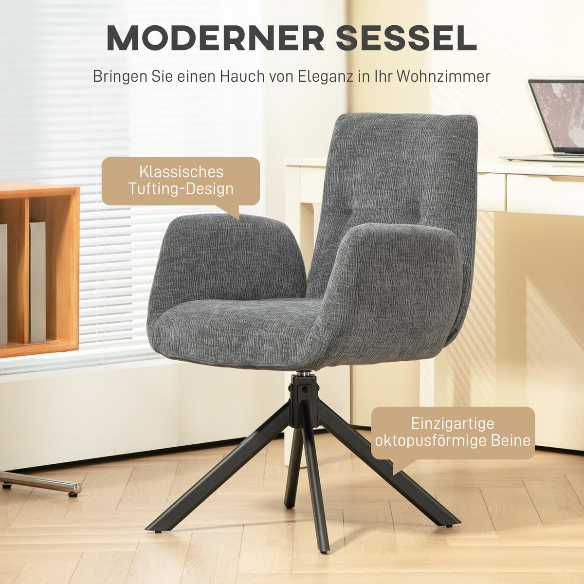 SESSEL Drehbar Loungesessel mit Armlehne, Wolle-Leinenoptik, Dunkelgrau - Dunkelgrau, Kunststoff (61/88/60cm) - HOMCOM