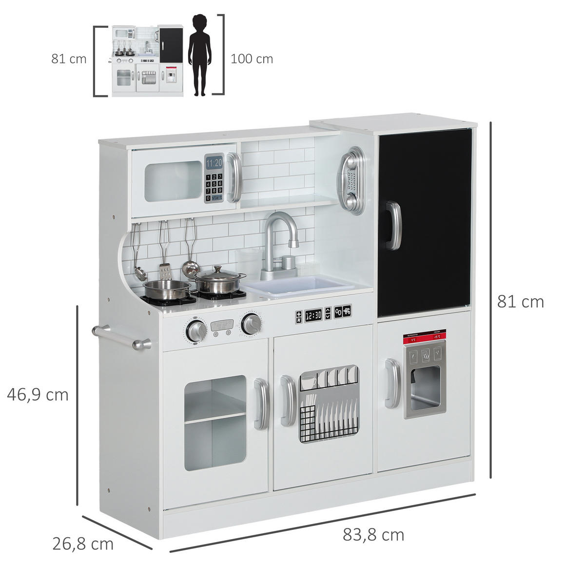 KINDERKÜCHE Spielküche mit Spielzeug Telefon, Kreidetafel, Mikrowelle, Herd Weiß - Weiß, Holzwerkstoff (83.8/26.8/81cm) - AIYAPLAY