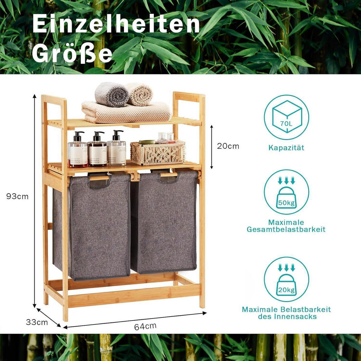 WÄSCHEKORB Bambus mit 2 Ablagen und 2 Wäschesäcken Grau 93 x 64 x 33 cm - Grau, Naturmaterialien (64/33/93cm)