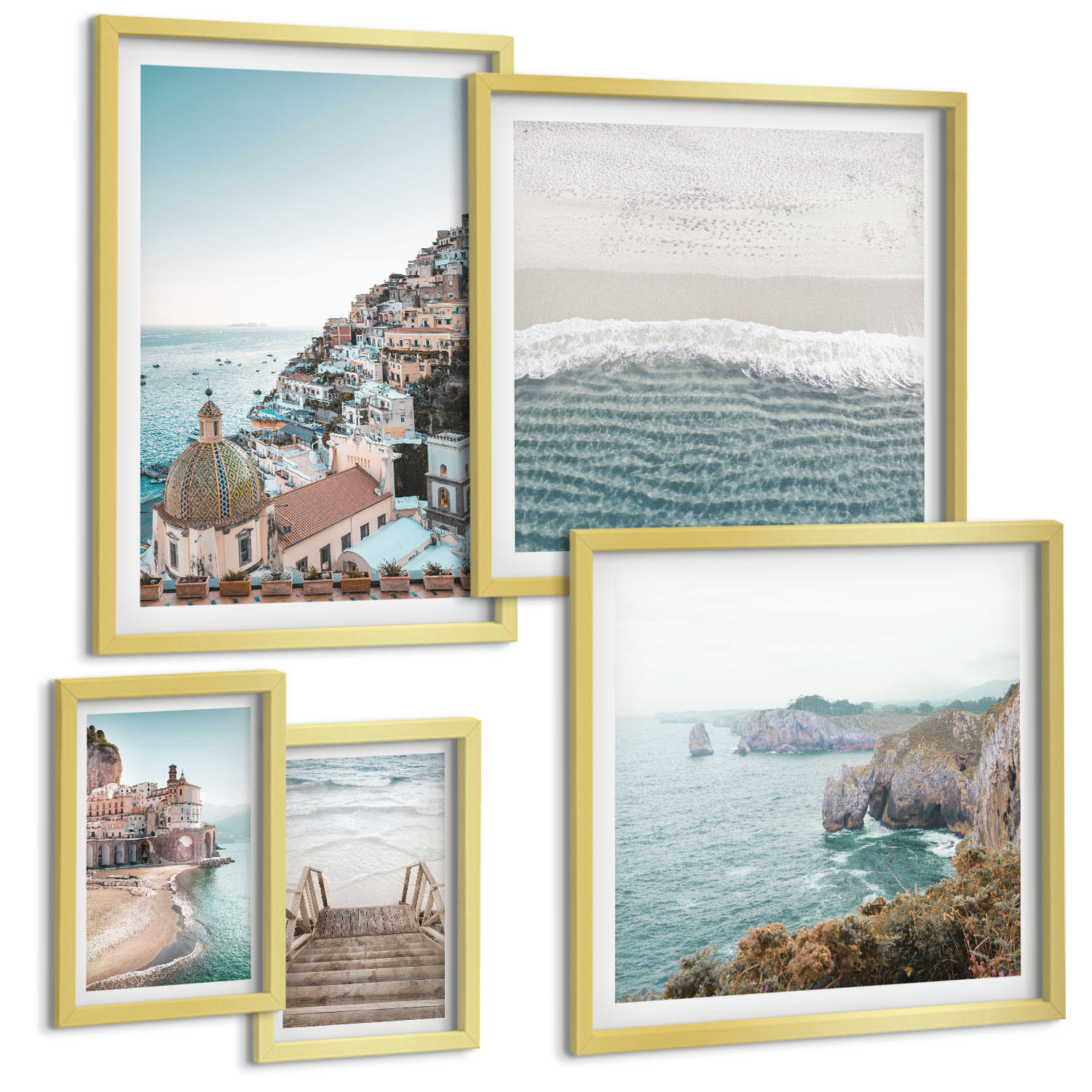 BILDER SET 5er Set - 50x50 cm & 20x30 cm & 40x60 cm Goldrahmen - Wasserfälle, Berge, Brücken, Bäume - Goldfarben, Kunststoff (40/60cm) - TULUP