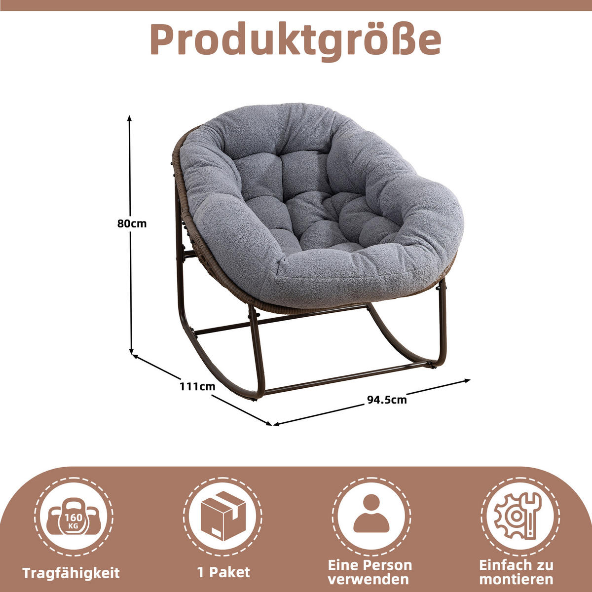 SCHAUKELSTUHL Schaukelsessel Garten,Rattanstuhl mit Stahlrahmen,Grau-Fleece - Grau, Metall (94.5/80/111cm) - LVHOM