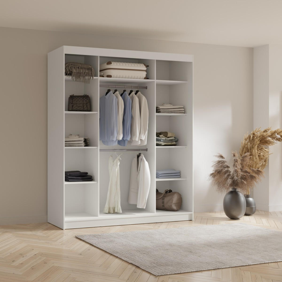 SCHWEBETÜRENSCHRANK mit Spiegel Fiore Plus 3D1L 200 Weiß/Silber - Silberfarben/Weiß, Holzwerkstoff/Metall (200/236/60cm) - mzm24