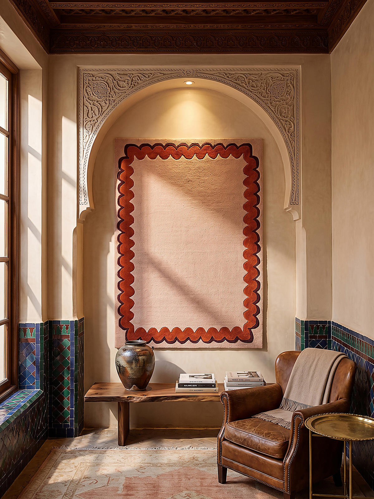 TEPPICH aus Wolle, handgetuftet, WAVENEY, in Orange, Zickzack-Wellenbordüre, 140 x 200 cm - Orange, Textil (140/200cm) - KADIMA DESIGN