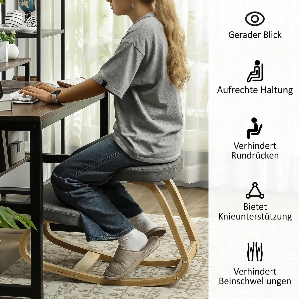 KNIESTUHL Birkenholz, Polyester Grau - Grau, Holz (50/55/73cm) - HOMCOM