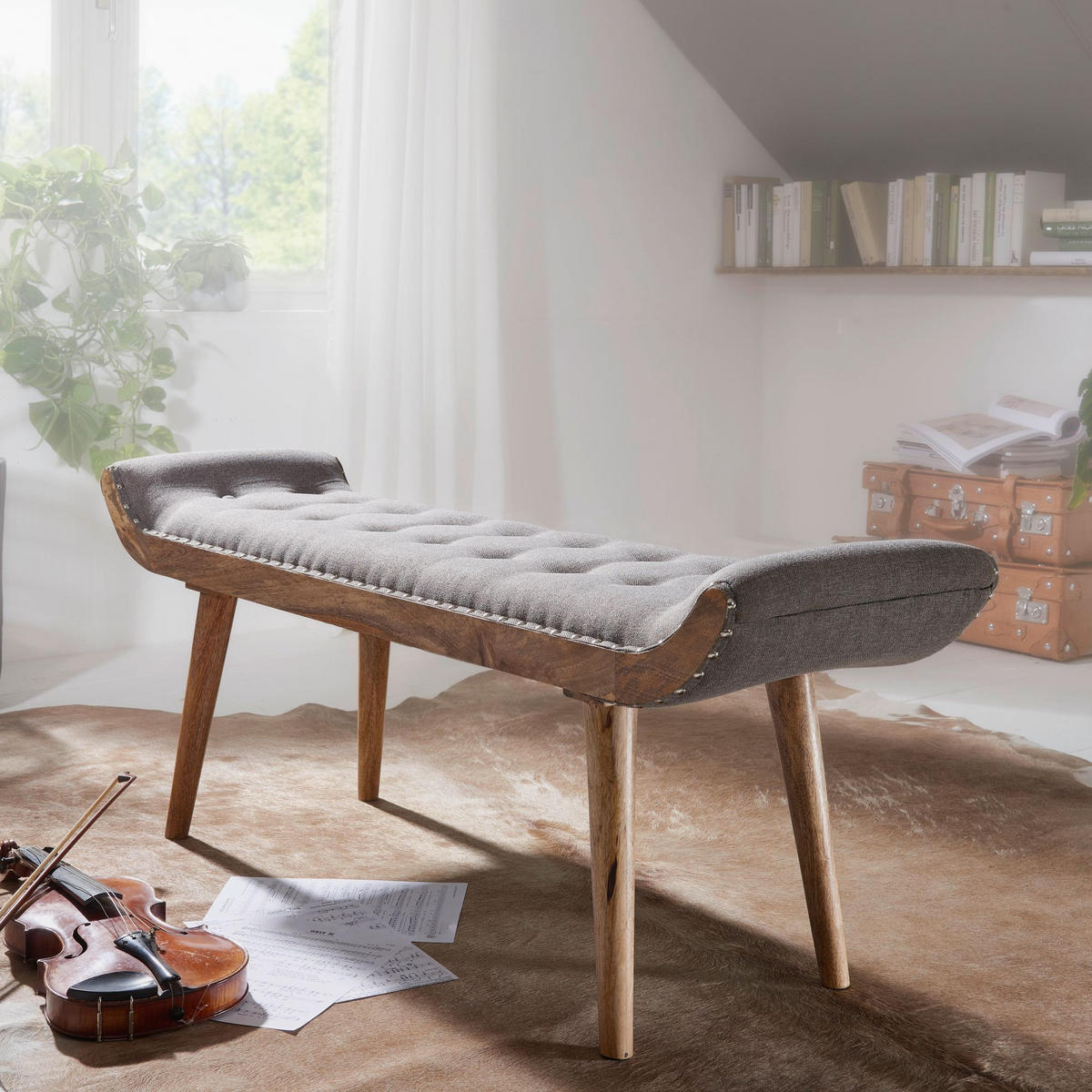 SITZBANK Massivholz Chesterfield Muster, Grau 125x38x50 cm - Braun/Grau, Mangoholz/Textil (125/50/38cm) - KADIMA DESIGN