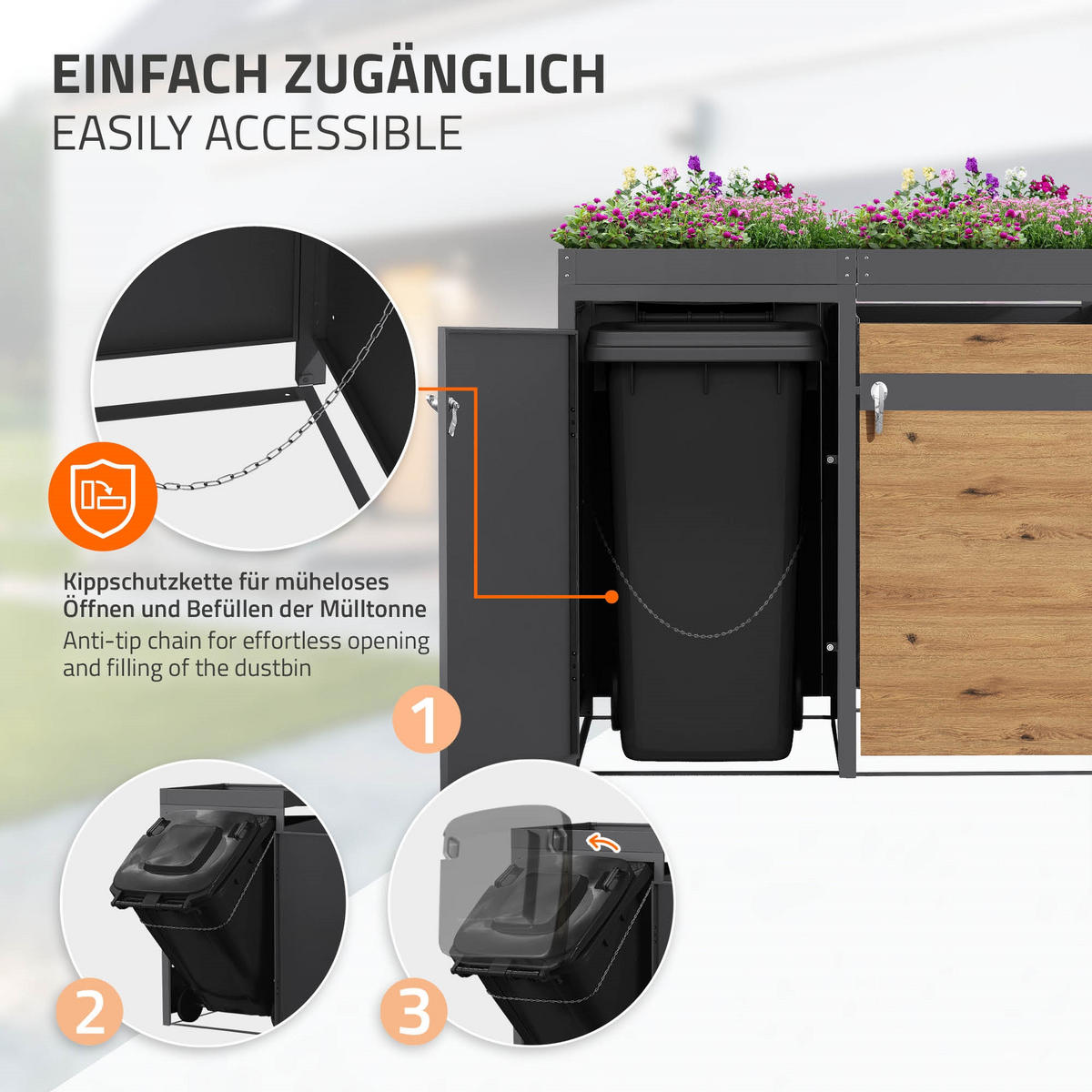 SADA 4 popelnic s rostlinnou střechou, antracitová barva s dřevěným vzhledem - hnědá, kov (264/124/80cm) - ML-DESIGN