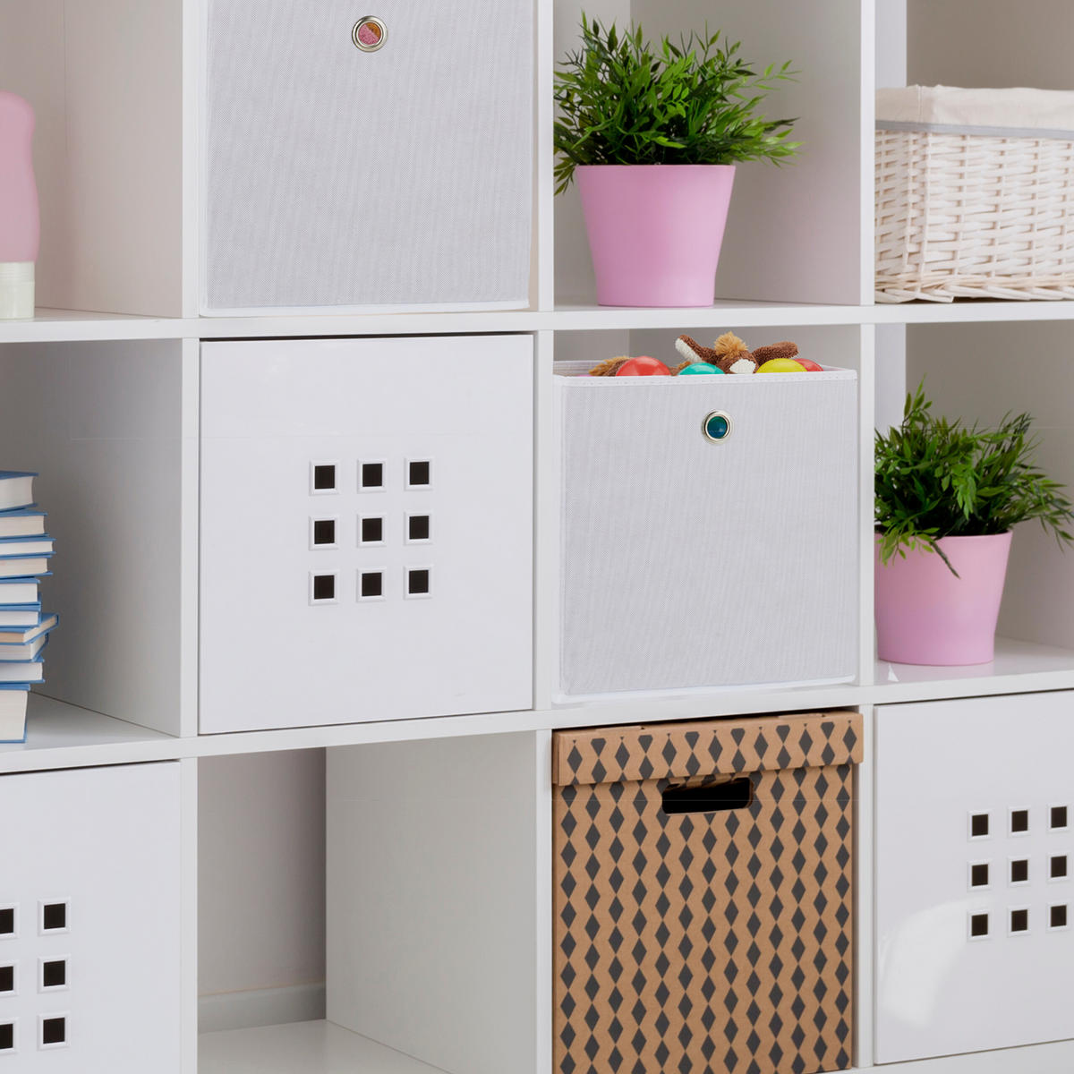 4XÚLOŽNÝ box - biela, kov/textil (30/30/30cm) - Relaxdays