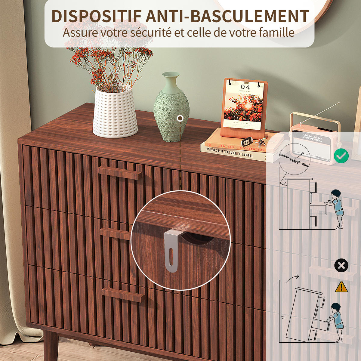 KOMMODE 100x34x73 cm 6 Schubladen geriffelt Stauraum Walnussoptik - Braun, Holz (34/73/100cm) - Fortuna Lai