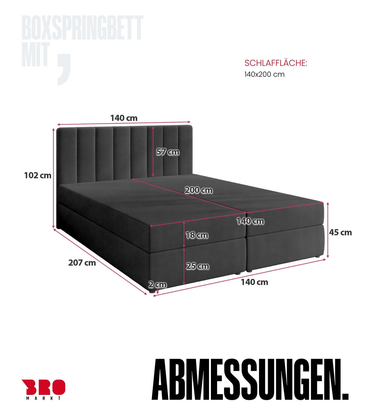 BOXBETT Denver mit Topper 140/200 Anthrazit - Anthrazit, Holzwerkstoff/Textil (140/200cm) - Bromarkt
