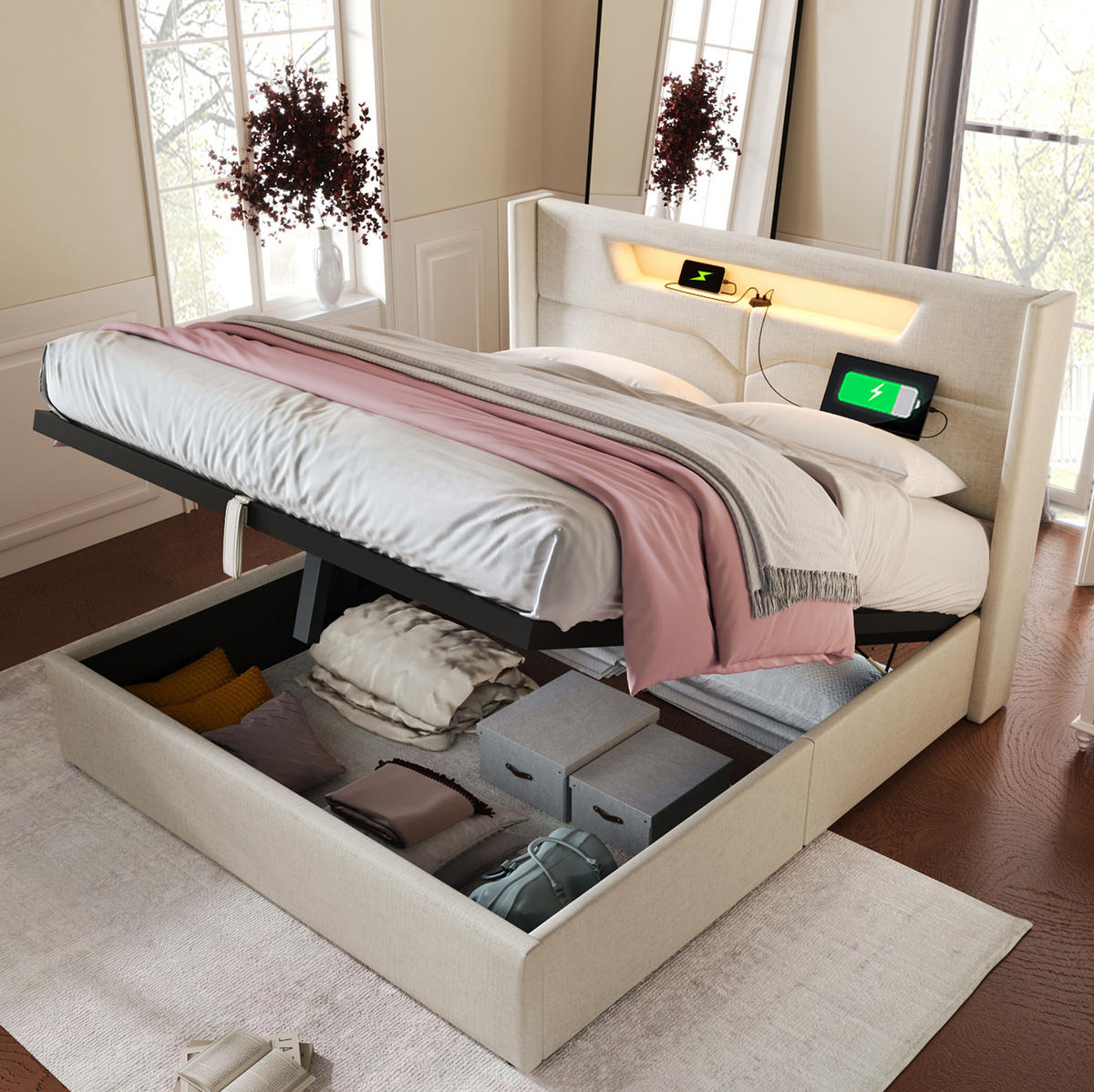 POLSTERBETT 160/200 cm aus Leinen mit LED und USB-C Ladefunktion Beige - Beige, Textil (160/200cm) - Modenvie