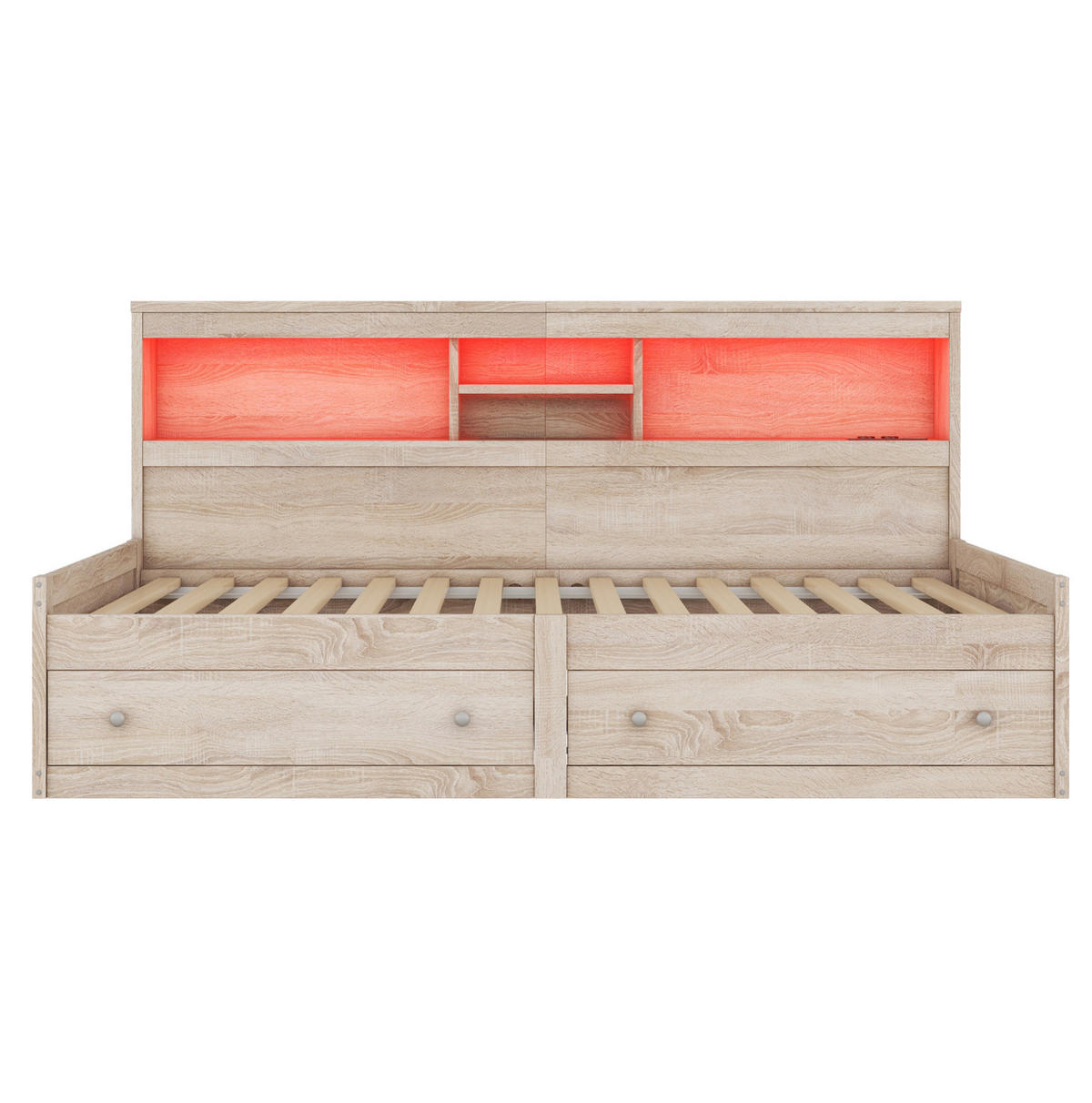 MULTIFUNKTIONSBETT 90/200 cm natur mit LED-Beleuchtung und USB-Anschlüssen - Naturfarben, Holzwerkstoff (90/200cm) - OKWISH