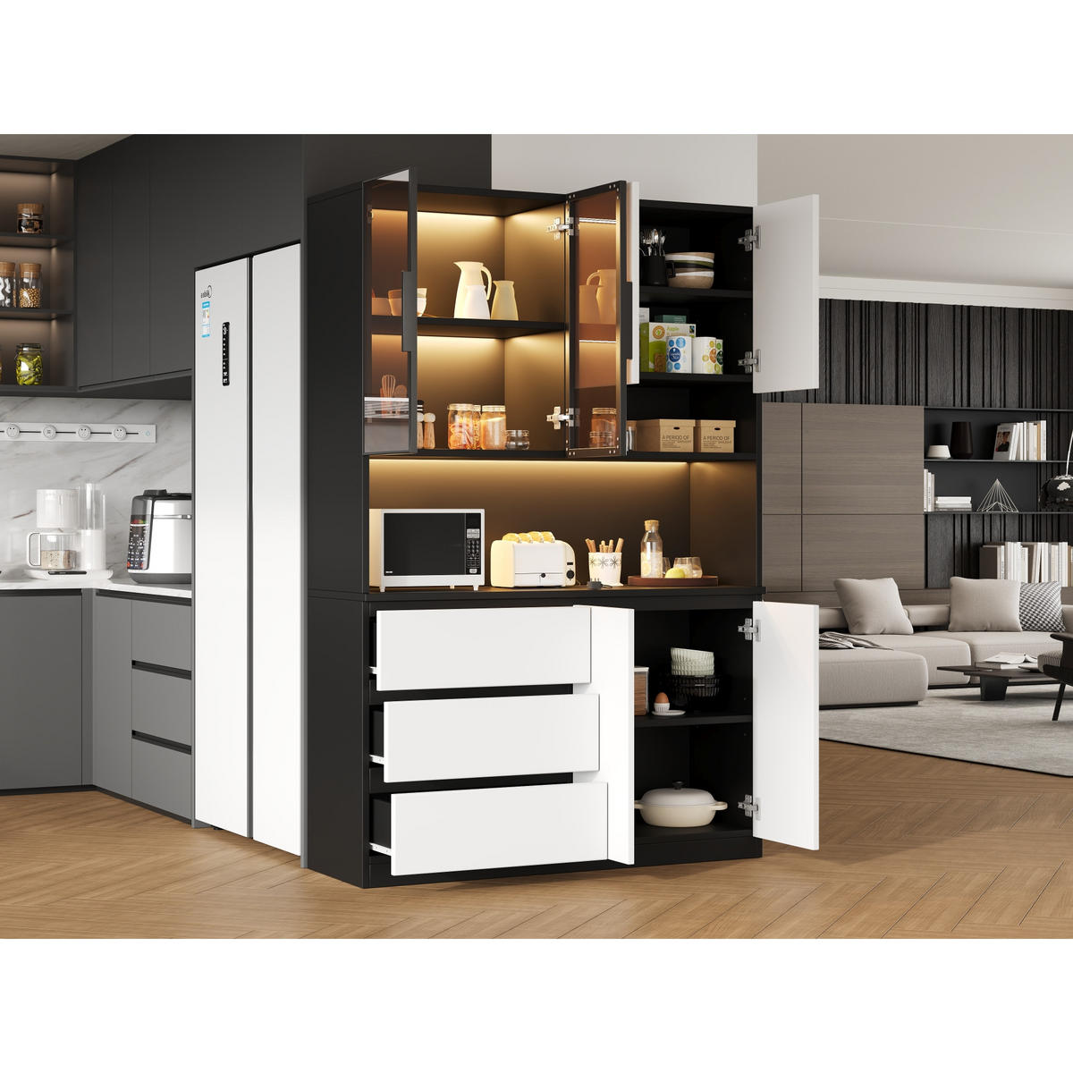 KÜCHENSCHRANK 120,5x40x180 cm, LED-Beleuchtung, 3 Schubladen, 6 Türen, Weiß/Schwarz - Schwarz, Holzwerkstoff (120.5/180/40cm) - FOHERE