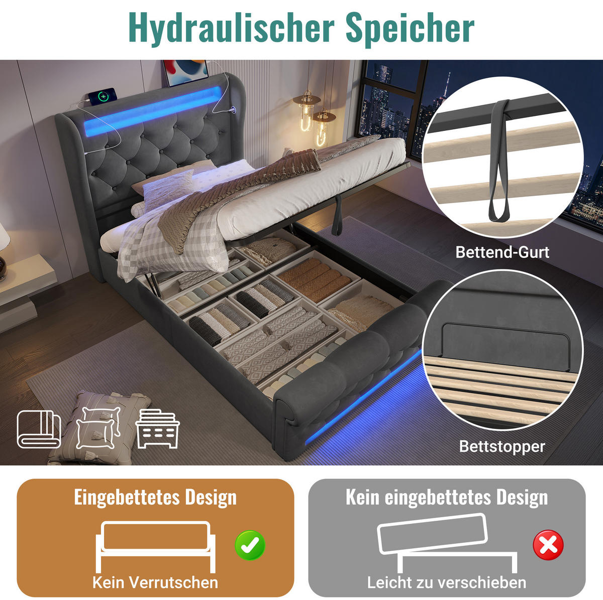 POLSTERBETT mit LED, Stauraum und USB 90x200 cm Samt Grau - Grau, Metall (90/200cm) - Meubliv