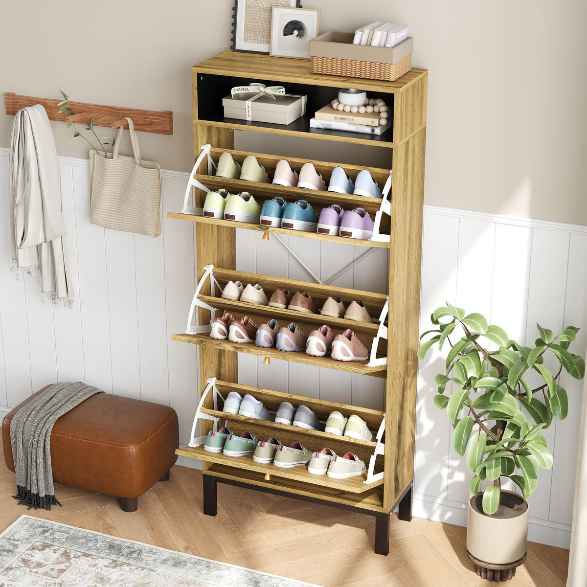 SCHUHSCHRANK aus MDF 63x24x147cm in Natur mit 3 Klappen - Naturfarben, Holzwerkstoff (63/147/24cm) - Modfu