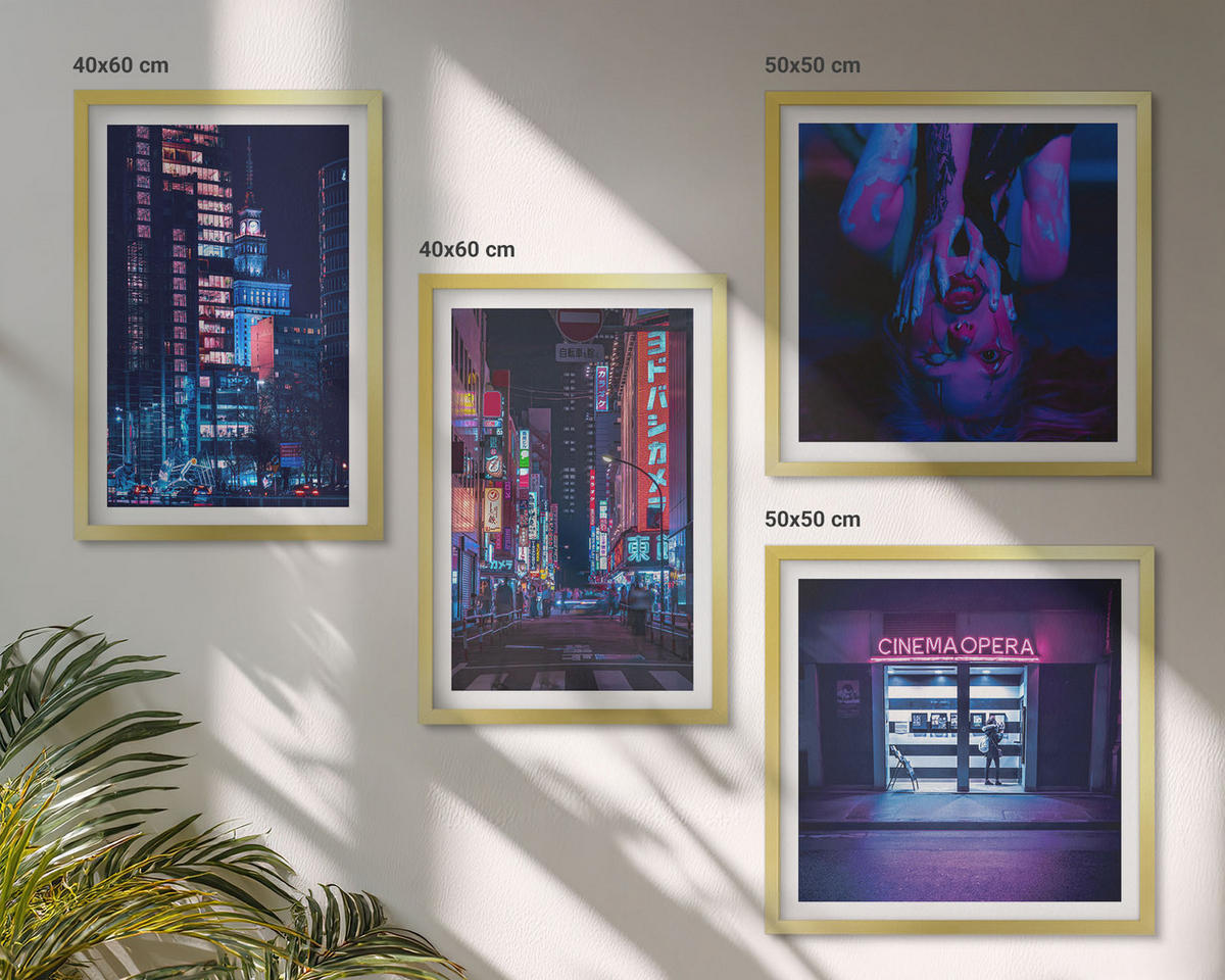 WANDBILDER 4er Set - 50x50 cm & 40x60 cm Goldrahmen - Nachtstadt mit Neonlichtern - Goldfarben, Kunststoff (50/50cm) - ArtPrintCave
